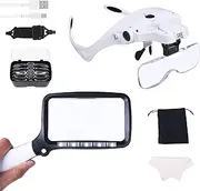 Magnifying Glasses Bundle Magnifier Pack – USB Rechargeable Hands Free Headband Magnifying Glasses with LED Light & Large Rectangular Handheld Folding Magnifying Glass with LED Light for Reading, Jewellery, Craft, Hobby, Seniors