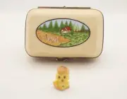 New French Limoges Trinket Box Easter Egg Carton w Farm Scene Eggs Remov. Chick
