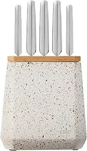 Furi Pro Stone Block Set Olive Terrazzo, 6 pcs Set incl. Olive Terrazzo Knife Block and 5 Essential Knives - East/West Santoku 17cm, Cook's 20cm, Bread 20cm, Utility 15cm, Asian Utility 12cm