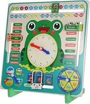 HOMOBABE Cognitive Learning Clock for Boys and Girls Wooden Calendar Toy Frog Shape Educational Teaching Aid