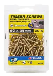 Zenith COUNTERSUNK HEAD TIMBER SCREWS 100Pcs Brass Plated- 8Gx25mm Or 8Gx30mm