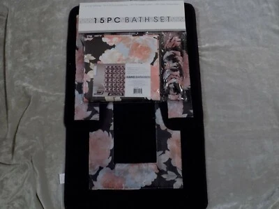 15 pc Bath Rug Set Shower Curtain Cloth Covered Hooks Contour Bath Rug NEW!