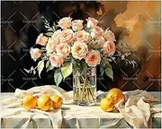 Romantic Still Life Paint by Numbers Kit for Adults - DIY Pink Rose Bouquet and Oranges Painting on Canvas 16x20 Inches,Acrylic Paint Set,Suitable for Beginners,Art for Home Decoration/Gifts