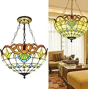 E27 Tiffany Pendant Lamp Deco Lamp Vintage Glass Hanging Lamp Height,Tiffany Style Flush Uplighter Ceiling Light, Coloured Stained Finish Retro Metal Glass Lamp Flower Shape Design (Multicolor,30CM)