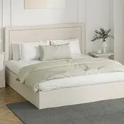Oikiture Gase Lift Bed Frame King Bed with Plywood Slat and Headboard Beige