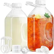 Glass Milk Bottle, 2 Pack 64 Oz Glass Juice Bottle with Handle and Airtight Reusable Screw Lid for Milk, Honey, Juice, Iced Tea, Cold Water
