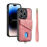 Lanyard Phone Case Wallet PU Flip Closure Wrist Holder iPhone Cases-Pink