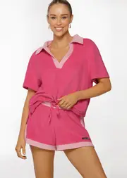 [Lorna Jane] Terry Towelling Cropped Polo T-Shirt in Pink, Size - Large L Babin Pink