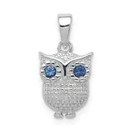 Sterling Silver Rhodium-Plated With Blue Glass Owl Pendant