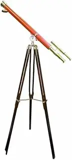 Nautical Double Barrel Telescope 39" – Shiny Brass & Leather Marine Spyglass with Adjustable Wooden Tripod Stand | Vintage Floor Telescope Decor.