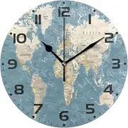 Naanle World Map Round Wall Clock, World Map Silent Non Ticking Wall Clocks Battery Operated for Home Office School Decor