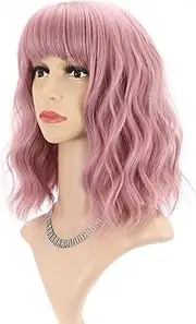 FAELBATY Short Pink Wigs With Bangs Shoulder Length Pink Wig For Women Curly Wavy Synthetic Cosplay Wig Pastel Wig for Girl Costume Wigs(12" Pink)
