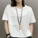 T-SHIRT FOR WOMEN100%純棉休閒寬鬆T恤女素色口袋圓領時尚短袖上衣媽媽裝TOPS T-SHIRT FO