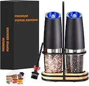 Gravity Electric Pepper and Salt Grinder Set, with Brush, Blue LED Light Effect Electric Salt & Pepper Mill Sets, Adjustable Coarseness,Battery Driven, One Hand Automatic Operation (2 Black+Base)