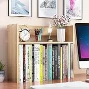 Hbluefat Desktop Bookshelf, 2-Tier Wood Desk Display Stand Organizer, Small Tabletop Bookcase Storage for Home Office, Living Room, Bedroom (Wood)