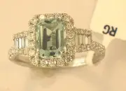 18K WHITE GOLD - AQUAMARINE (1.39Ct) DIAMOND HALO (.60Ct) RING Sz 6.5