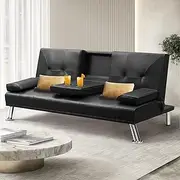 LEVEDE 3 Seater Sofa Bed Convertible, Artificial Leather Loveseat Sofa Couch with 2 Cup Holders, Recliner Sofa Lounge with 3 Adjustable Backrest Positions, Spare Bed for Guest (180cm, Black)