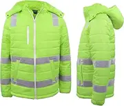 [Zmart Australia] HI VIS Puffer Safety Jacket Reflective Tape Removable Hood Zip Pocket Puffy Coat