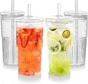 Puraville 4 Pack 20oz Glass Cups with Lids and Straws, Mason Jar High Borosilicate Drinking Glasses Iced Coffee Tumbler Smoothie Cup for Long Drinks, Clear