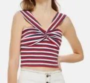 NEW Topshop Red/Blue Tie Knot Front Striped Casual Crop Top Women Size 8 Summer