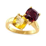 8.0mm Cushion-Cut Garnet and Citrine Bypass Ring in Solid 10K Yellow Gold