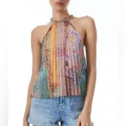 NWT Alice + Olivia Sunburst Pleated Chain Neck Blouse sz XL