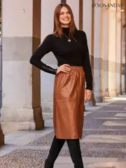 Sosandar Brown Elasticated Waist Faux Leather Skirt (893726) | $66