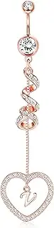 [Drperfect] 14G Belly Button Ring Dangle with Initials for Women Rose Gold Plated Navel Ring 316L Stainless Steel Heart Pendant Belly Piercing Jewelry