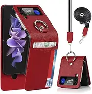 [Cavor] for Samsung Galaxy Z Flip4 6.7'' Case Hand Pattern Leather Wallet with Ring Holder Kickstand Card Slots Long Crossbody Lanyard Shoulder Strap Ultra Slim Back Cover-Wine Red