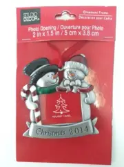 Small Christmas Photo Frame Metal Enameled Snowmen 2014 2x1 Inch Picture