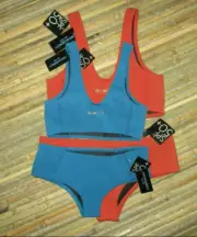 2 CYNTHIA ROWLEY S NWT Rust & Blue Scuba Neoprene Hipster Bikini Swimsuits LOT