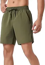 [PHJTOMK] Mens Waterproof Dry 7" Gym Workout Breathable Shorts Zip Pockets Hiking Shorts Running Athletic Short, Green, Medium