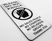Please DO NOT Knock NO Sales People NO Religious Groups NO Charities Sign 4.5cm x 10cm (Silver/Black Text)