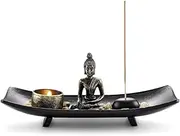Garden Set Buddha Statue,Incense Burner Stick Holder,Incense Ash Catcher,with Bronze Tealight Candle & Incense Holder,for Home Decoration,Furnishing Articles,Office,Candlestick Set