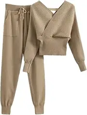 [Generic] Women Korean Style Ribbed Knitted Backless Top and Long Harem Pant Suit Elegant Tracksuit Sexy Two Piece Set