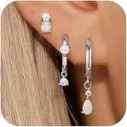 [Angelady] Sterling Silver Hoop Earrings Set for Women, Opal Stud Hoop Earrings Stacks, Hypoallergenic Opal Dangle Drop Earrings Jewelry for Women