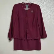 Koret NWT 2pc Pencil Skirt Suit Jacket Blazer Burgandy Red Floral Trim Brooch 10
