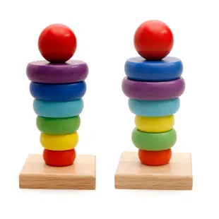 木製質嬰幼兒童寶寶男女孩益智力玩具 七彩彩虹塔套圈套柱配對積木 形狀配對積木 益智玩具1-2-3歲男女孩【包郵】
