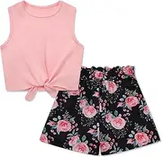 [Ochine] Girl's 2 Piece Outfits Summer Sleeveless Tie Knot Tank Top and Paperbag Waist Girls Shorts Set Clothes Sets 4-12 Years