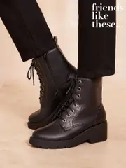 Friends Like These Black Low Wedge Lace Up Chunky Faux Leather Ankle Boot (B73916) | $46