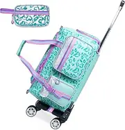 [Oruiji] Kids Rolling Duffle Bag with Wheels Women Girls Duffle Bag with Wheels and Handle with Makeup Bag Travel Toiletry Bag, Green Love