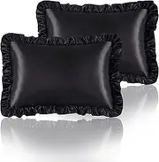 HommxJF Silky Satin Ruffled Pillow Cases for Hair and Skin,Black Silk Pillowcases Standard Set of 2 with Envelope Closure Princess Room Decoration, Standard（20x26）