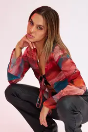 Multi Abstract Top Long Sleeve V-Neck Tie Front - Size 6, Women's Top