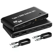 8K 2x1 USB Type-C KVM Switch 100W PD Charge for 2 Computers Share 1 Monitor