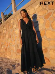 Black Plunge Neck 100% Cotton Maxi Dress (AL1664) | $92