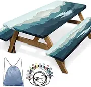 Picnic Table Cover with Bench Covers with Portable Clothesline, Mountain Landscape Fitted Table Cover Outdoor Camping Essentials 6FT 4PCS, Camping Fitted Tablecloth with Drawstring Bag