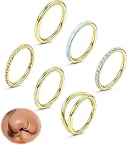 [Sanfenly] 18G Surgical Steel Nose Rings Hoop Small Opal CZ Clicker Hinged Septum Piercing Jewelry for Women Men Lip Helix Cartilage Conch Tragus Rook Daith Earrings Steel Gold-tone 8MM 10MM