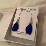 Blue Sea Glass Earring with Silver Nautical Hooks by Aimee Tresor