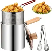 Deep Fryer Pot With Basket and Tong 3L Handled Stainless Steel Chip Fryer With Tempered Glass Lid Uncoated Wide Mouth Multipurpose