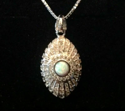 Sterling Silver Art Deco style sparkling Opal Pendant Necklace Anniversary Gift